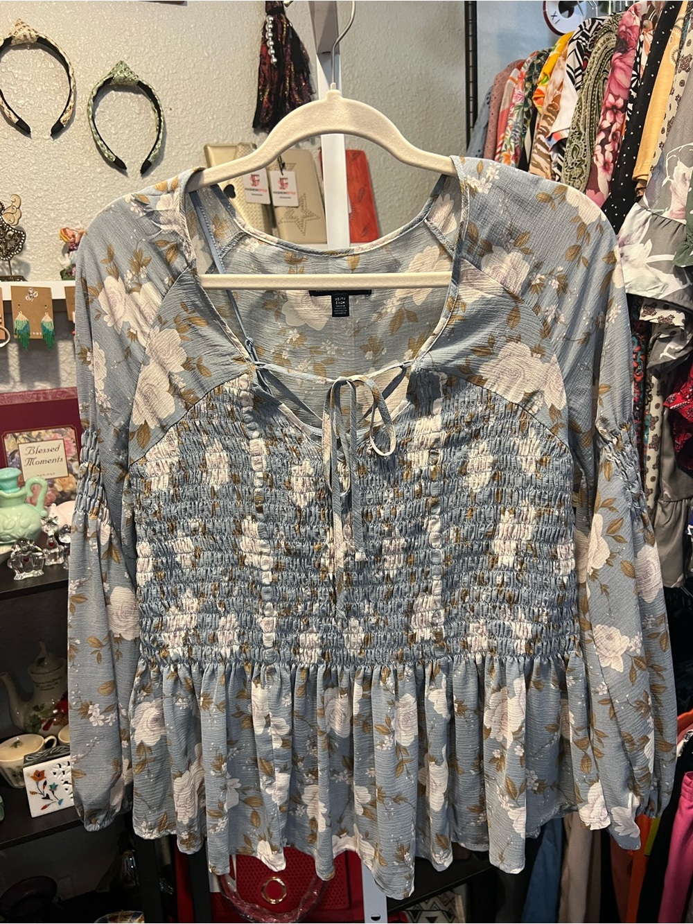 American Eagle Outfitters Dusty Blue Floral Smocked Peasant Top